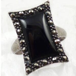 Art Deco Sterling Onyx and Marcasite Ring